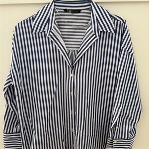 Zara Women's Navy and White Striped Button-Down Shirt